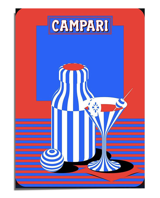 A bold, graphic-style illustration featuring a bottle and a martini glass, both decorated with blue and white vertical stripes. The background is split into red and blue geometric sections, creating a vintage pop art feel. A cocktail garnish sits on the edge of the glass, and a small striped sphere is placed beside the bottle. At the top, a rectangular label displays the word "CAMPARI" in capital letters, reinforcing the classic Italian aperitif theme.