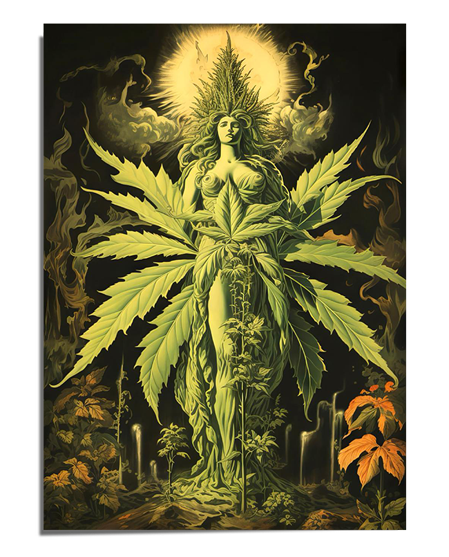 A glowing green goddess figure emerges from a cluster of cannabis leaves. Her flowing dress is made of plant vines, blending seamlessly with the natural elements. A radiant halo surrounds her head, casting a mystical light. The dark, smoky background adds a sense of depth and mystery, while cannabis buds and jars appear in the foreground.