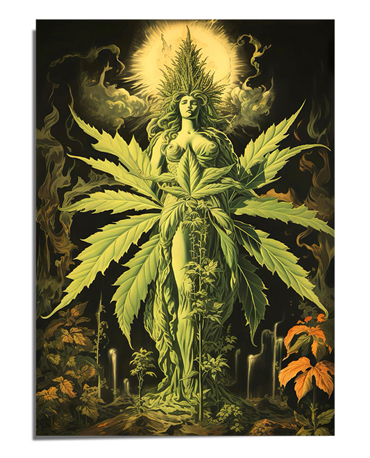 A glowing green goddess figure emerges from a cluster of cannabis leaves. Her flowing dress is made of plant vines, blending seamlessly with the natural elements. A radiant halo surrounds her head, casting a mystical light. The dark, smoky background adds a sense of depth and mystery, while cannabis buds and jars appear in the foreground.