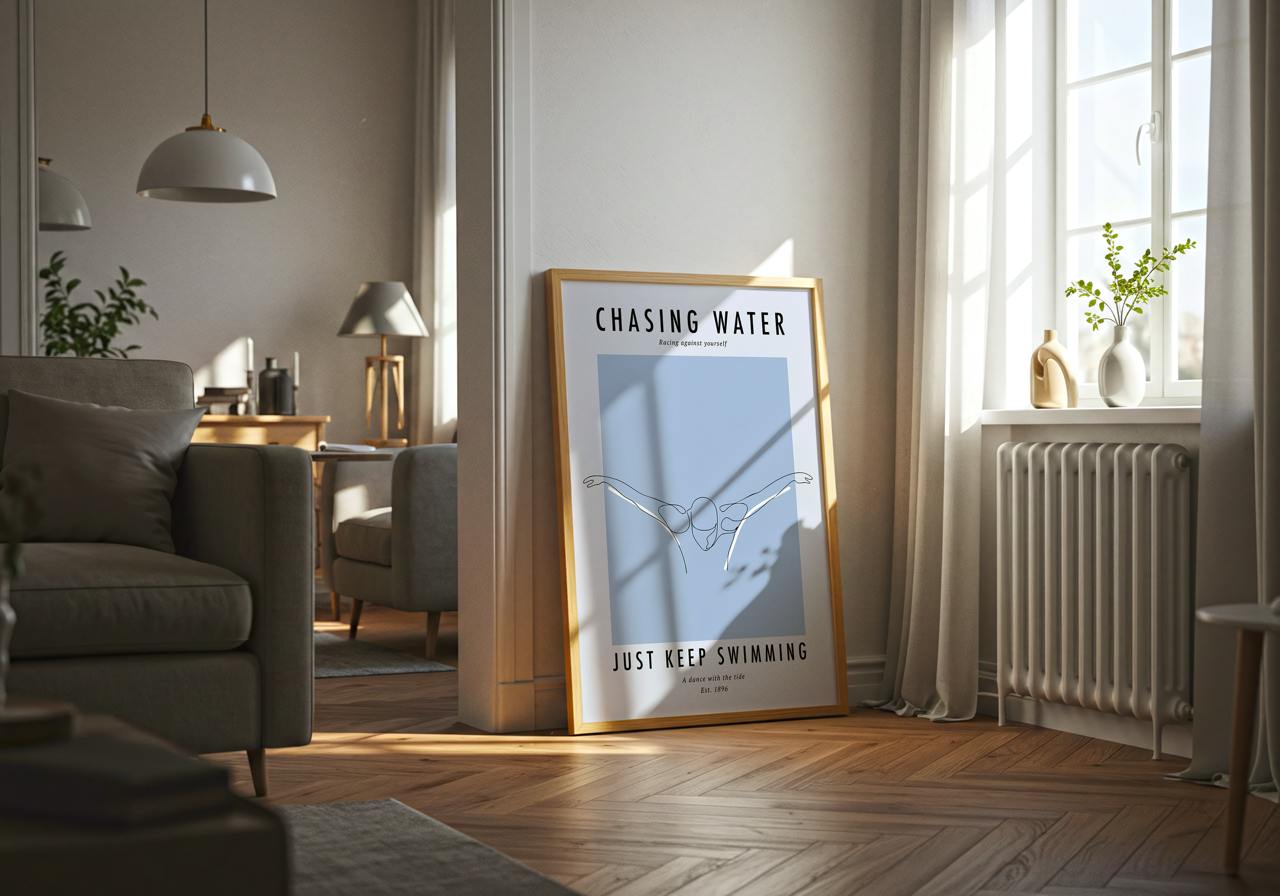 Framed artwork titled 'Chasing Water, Just Keep Swimming' in a living room setting.