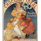 A vintage Art Nouveau advertisement poster for Chocolat Idéal featuring a woman in a flowing golden dress holding a tray with a steaming cup of hot chocolate. Two young girls, one in a white dress and the other in red, excitedly reach out for the treat. The background includes soft decorative patterns, curved lettering, and an illustration of a box of Chocolat Idéal in the lower left corner. The colors are warm and inviting, enhancing the nostalgic feel of the artwork. 