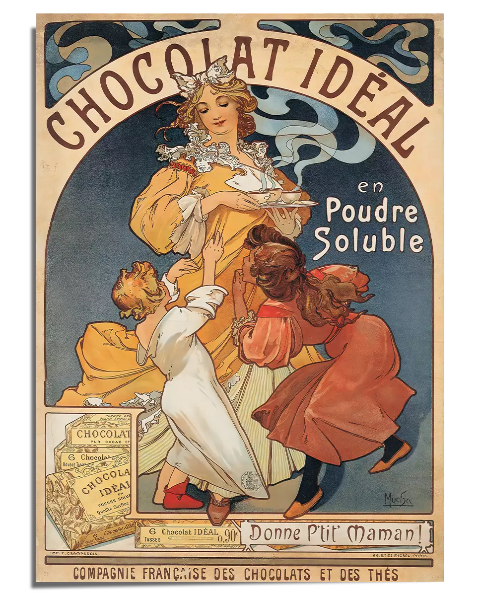 A vintage Art Nouveau advertisement poster for Chocolat Idéal featuring a woman in a flowing golden dress holding a tray with a steaming cup of hot chocolate. Two young girls, one in a white dress and the other in red, excitedly reach out for the treat. The background includes soft decorative patterns, curved lettering, and an illustration of a box of Chocolat Idéal in the lower left corner. The colors are warm and inviting, enhancing the nostalgic feel of the artwork. 