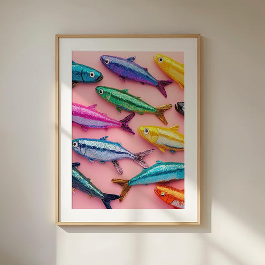 Framed artwork of colorful fish on a pink background