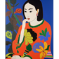 A stylized portrait of a woman with long black hair, delicate facial features, and a contemplative expression. She rests her chin on her hand, her eyes gazing downward. She wears a flowing red garment with large, colorful floral patterns in green, yellow, and blue. The deep blue background contrasts vividly with the warm tones of her attire, while a few abstract leaves and plant-like shapes in the background add depth. 