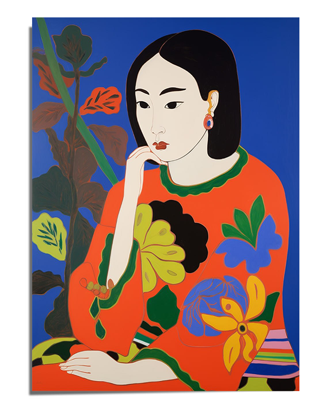 A stylized portrait of a woman with long black hair, delicate facial features, and a contemplative expression. She rests her chin on her hand, her eyes gazing downward. She wears a flowing red garment with large, colorful floral patterns in green, yellow, and blue. The deep blue background contrasts vividly with the warm tones of her attire, while a few abstract leaves and plant-like shapes in the background add depth.