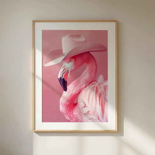 An art print showing a pink flamingo wearing a light pink cowboy hat. The background is a matching soft pink, creating a bold and stylish pop art look with a humorous twist.