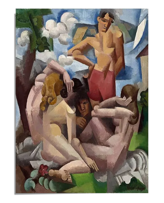 A Cubist painting depicting a group of bathers in nature. The figures are abstracted into geometric shapes with fragmented perspectives, featuring bold colors and angular forms. A standing male figure in red shorts observes the scene while the reclining figures blend with the surrounding landscape, creating a modernist and dynamic composition.