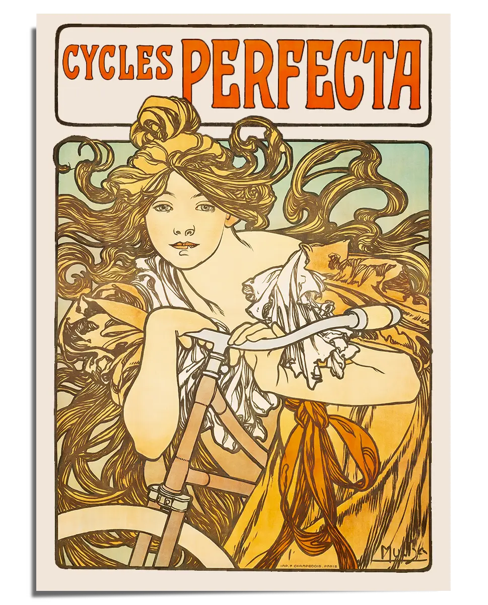 A vintage Art Nouveau advertisement poster featuring a woman with long, wavy golden hair flowing behind her as she gracefully holds the handlebars of a bicycle. She wears a flowing, light-colored gown with an orange sash tied around her waist. The typography at the top reads "Cycles Perfecta" in bold red and brown lettering, framed within a soft pastel background. The intricate linework and warm color palette create an elegant and timeless composition.