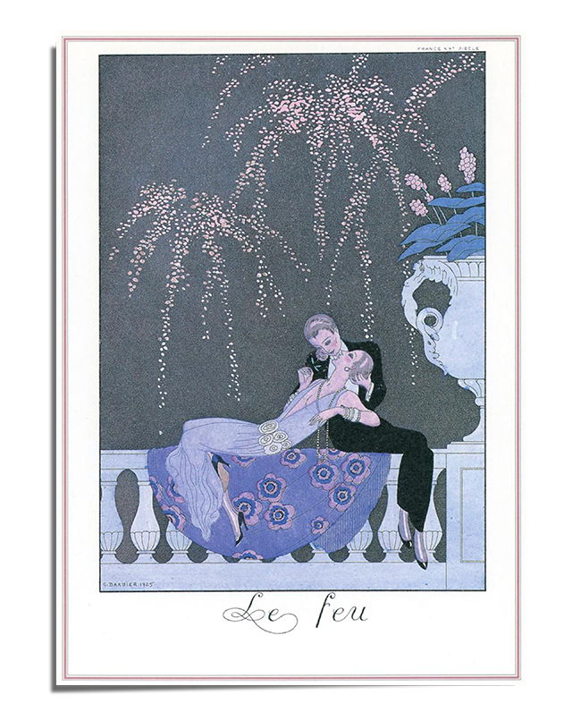 An Art Deco print of a couple embracing beneath a starry night sky with fireworks in the background. The piece captures the romance and elegance of the 1920s with soft hues and geometric patterns.