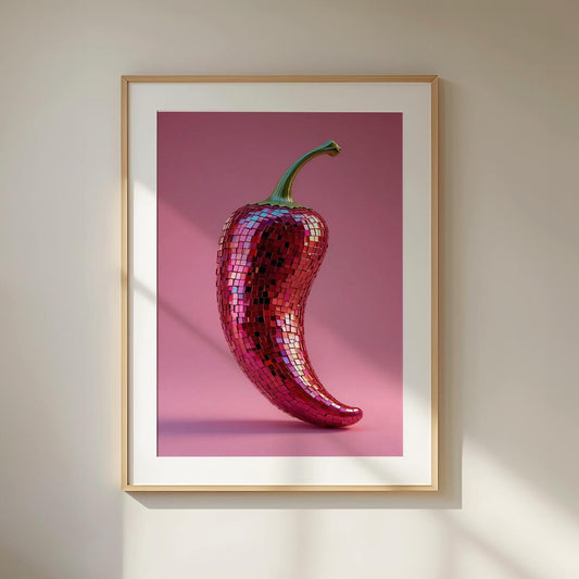 Framed artwork of a red disco pepper on a pink background