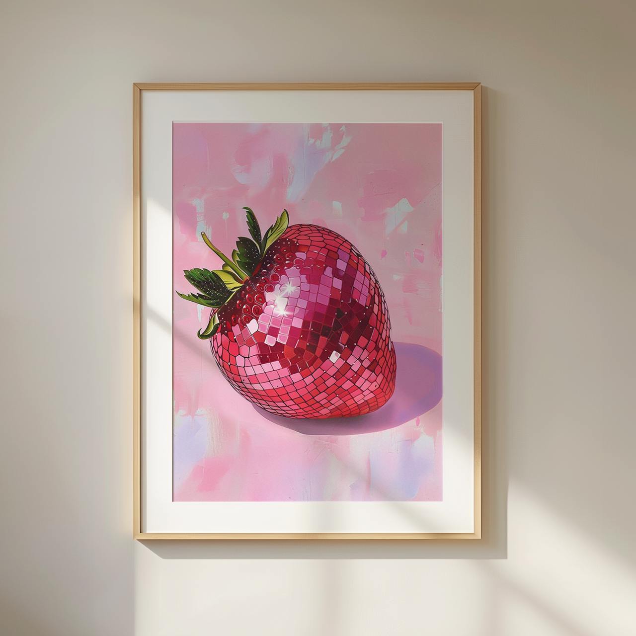 A hyper-realistic strawberry designed like a disco ball, covered in pink mirror tiles that reflect light. It sits on a pink abstract background with soft brush textures, giving it a fun and vibrant look.