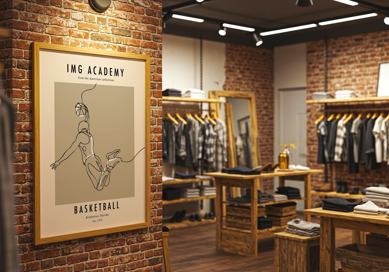 Fashion store interior with framed artwork on brick wall