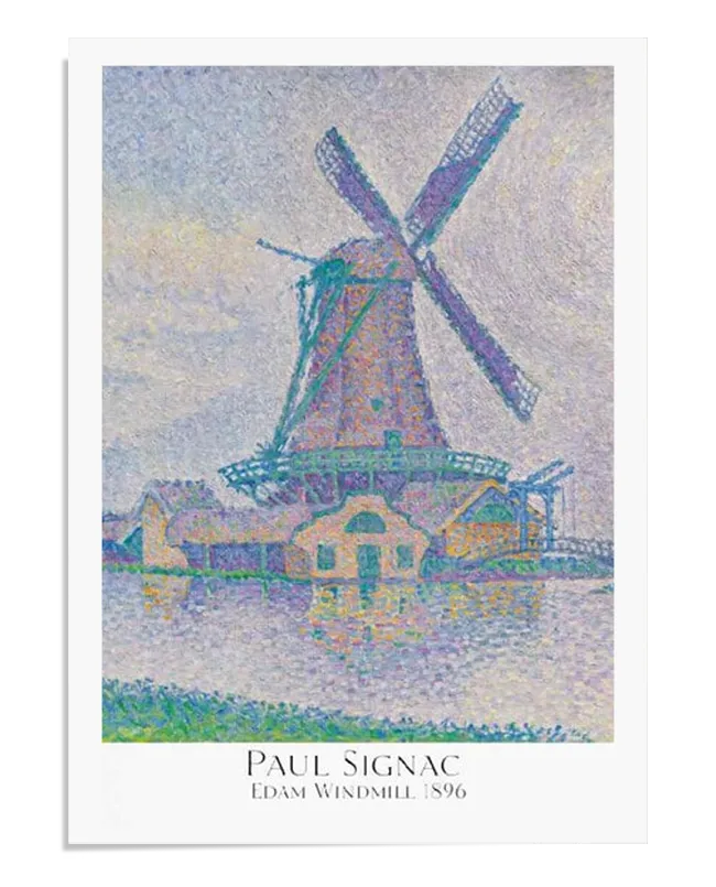 A Pointillist painting depicting a large Dutch windmill standing by the water’s edge, with its reflection shimmering in the calm water. The artwork features soft pastel hues of blues, purples, and pinks, with small dots of color creating a luminous, impressionistic effect. The background consists of a light sky with subtle cloud formations, enhancing the serene and peaceful atmosphere.