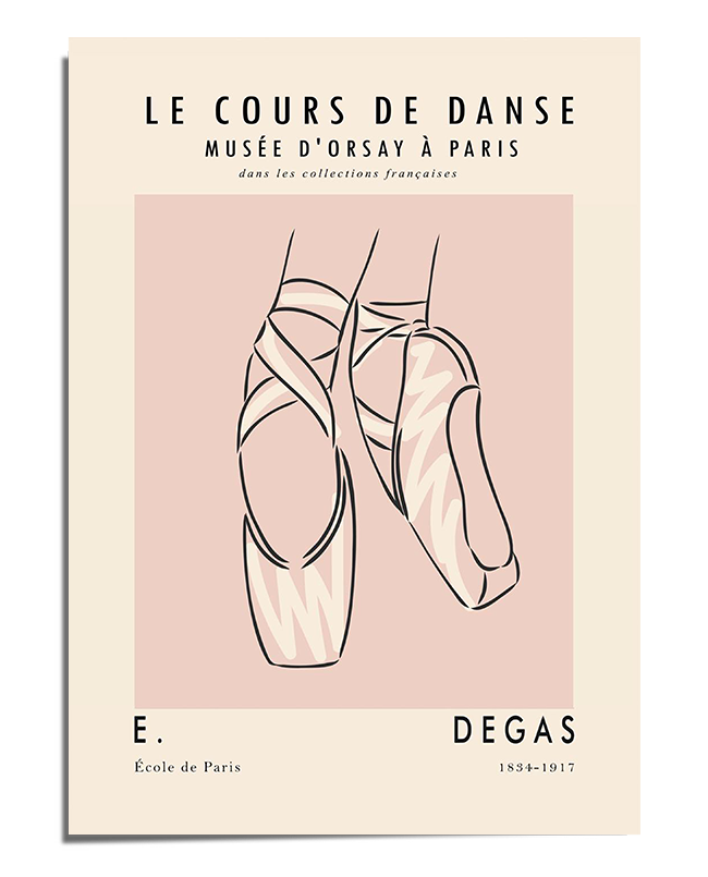 A minimalist line drawing of ballet pointe shoes in soft pink tones, with one foot elegantly en pointe and the other slightly lifted. The background is a blush pink square, framed by an off-white border with French text at the top and bottom referencing Edgar Degas and the Musée d'Orsay in Paris. The composition is delicate and refined, evoking the grace and elegance of classical ballet.