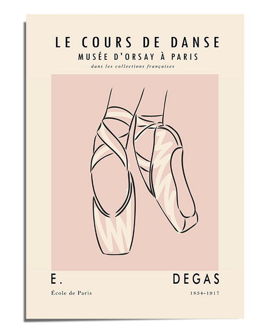 A minimalist line drawing of ballet pointe shoes in soft pink tones, with one foot elegantly en pointe and the other slightly lifted. The background is a blush pink square, framed by an off-white border with French text at the top and bottom referencing Edgar Degas and the Musée d'Orsay in Paris. The composition is delicate and refined, evoking the grace and elegance of classical ballet.