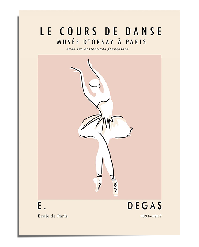 A delicate and minimalist line drawing of a ballerina in an elegant pose, standing en pointe with one arm raised above her head. She wears a tutu, and her form is outlined with fluid strokes that capture movement and grace. The soft blush pink background enhances the refinement of the piece, framed by an off-white border with French text referencing Edgar Degas and the Musée d'Orsay.