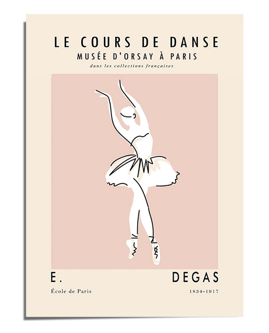 A delicate and minimalist line drawing of a ballerina in an elegant pose, standing en pointe with one arm raised above her head. She wears a tutu, and her form is outlined with fluid strokes that capture movement and grace. The soft blush pink background enhances the refinement of the piece, framed by an off-white border with French text referencing Edgar Degas and the Musée d'Orsay.