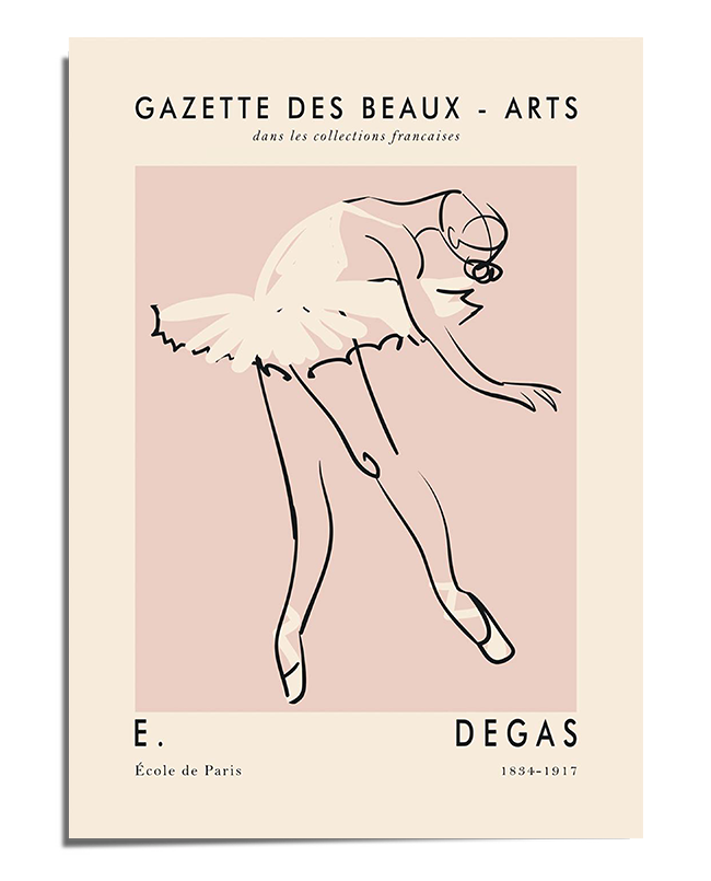 A delicate and minimalist line drawing of a ballerina mid-movement, wearing a tutu and pointe shoes. Her arms and legs extend gracefully, conveying fluidity and elegance. The soft blush pink background enhances the refined and airy feel of the composition, while the off-white frame includes French text referencing Edgar Degas and the "Gazette des Beaux-Arts." The overall artwork exudes classical ballet charm with a contemporary touch.