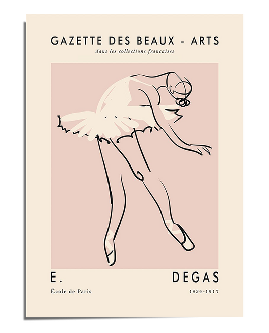 A delicate and minimalist line drawing of a ballerina mid-movement, wearing a tutu and pointe shoes. Her arms and legs extend gracefully, conveying fluidity and elegance. The soft blush pink background enhances the refined and airy feel of the composition, while the off-white frame includes French text referencing Edgar Degas and the "Gazette des Beaux-Arts." The overall artwork exudes classical ballet charm with a contemporary touch.