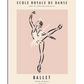 A minimalist and fluid line drawing of a ballerina in an elegant arabesque pose, balancing on one foot while extending her leg and arms gracefully. She wears a tutu, and her poised expression conveys grace and refinement. The soft blush pink background enhances the elegance of the piece, framed by an off-white border with French text referencing the "École Royale de Danse" and the timeless art of ballet.