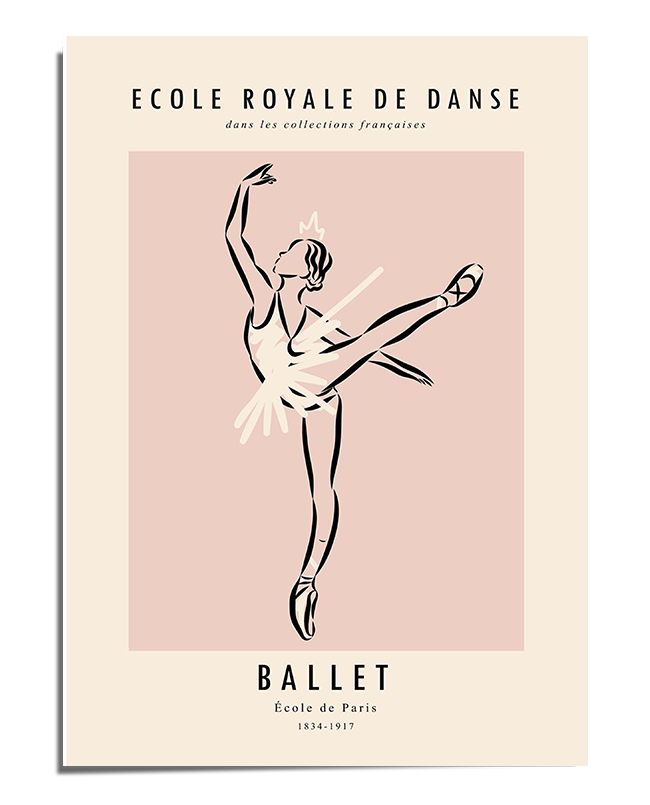 A minimalist and fluid line drawing of a ballerina in an elegant arabesque pose, balancing on one foot while extending her leg and arms gracefully. She wears a tutu, and her poised expression conveys grace and refinement. The soft blush pink background enhances the elegance of the piece, framed by an off-white border with French text referencing the "École Royale de Danse" and the timeless art of ballet.