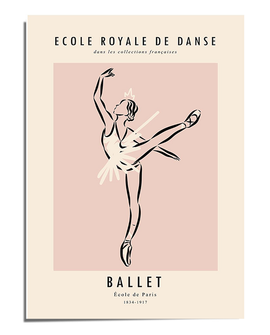 A minimalist and fluid line drawing of a ballerina in an elegant arabesque pose, balancing on one foot while extending her leg and arms gracefully. She wears a tutu, and her poised expression conveys grace and refinement. The soft blush pink background enhances the elegance of the piece, framed by an off-white border with French text referencing the "École Royale de Danse" and the timeless art of ballet.