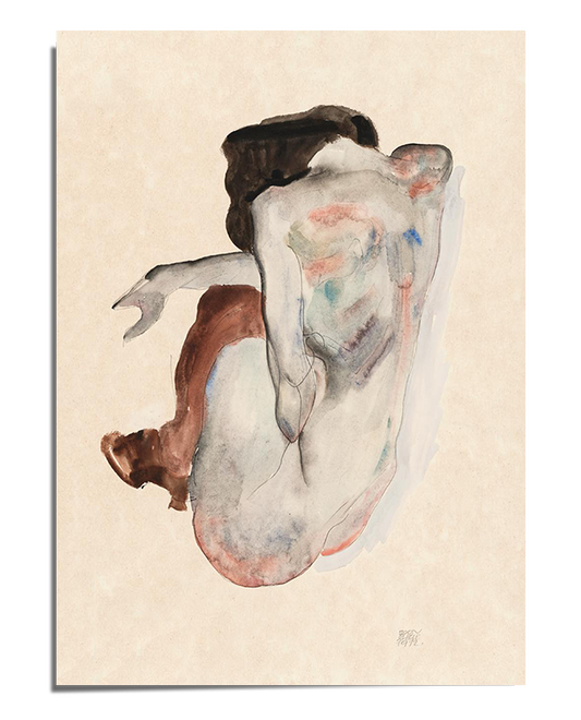 An abstract nude figure in a curled pose, depicted with expressive, fluid brushstrokes in soft earthy tones. The figure’s back is arched, with one arm reaching outward, while the head is tilted away, creating a sense of movement and vulnerability. The unfinished quality and delicate watercolor shading give the artwork an ethereal and introspective feel.