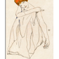 A delicate line drawing of a woman with short auburn hair wrapped in a headscarf. She is draped in a light, flowing fabric that reveals the soft contours of her body. Her head tilts slightly to the side, with her eyes closed and one arm resting gracefully on her shoulder, evoking a sense of introspection and serenity. The subtle coloring and expressive lines enhance the emotional depth of the composition.