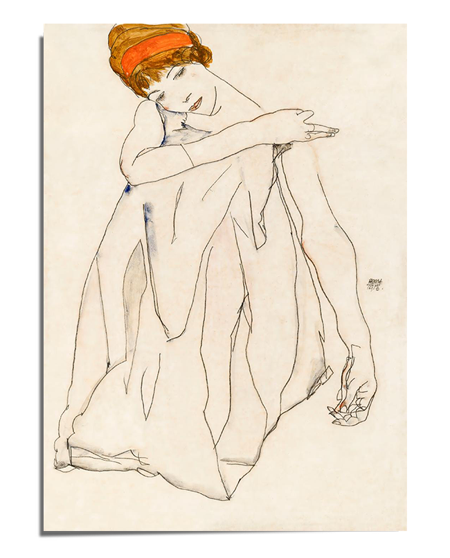 A delicate line drawing of a woman with short auburn hair wrapped in a headscarf. She is draped in a light, flowing fabric that reveals the soft contours of her body. Her head tilts slightly to the side, with her eyes closed and one arm resting gracefully on her shoulder, evoking a sense of introspection and serenity. The subtle coloring and expressive lines enhance the emotional depth of the composition.