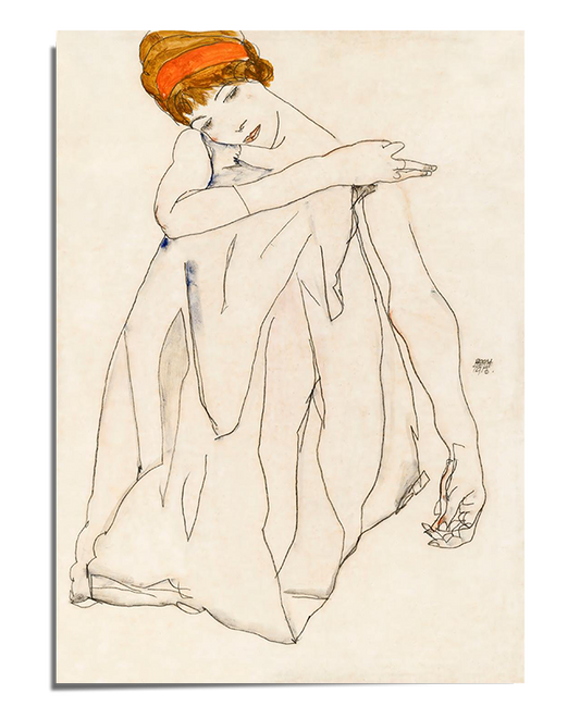 A delicate line drawing of a woman with short auburn hair wrapped in a headscarf. She is draped in a light, flowing fabric that reveals the soft contours of her body. Her head tilts slightly to the side, with her eyes closed and one arm resting gracefully on her shoulder, evoking a sense of introspection and serenity. The subtle coloring and expressive lines enhance the emotional depth of the composition.