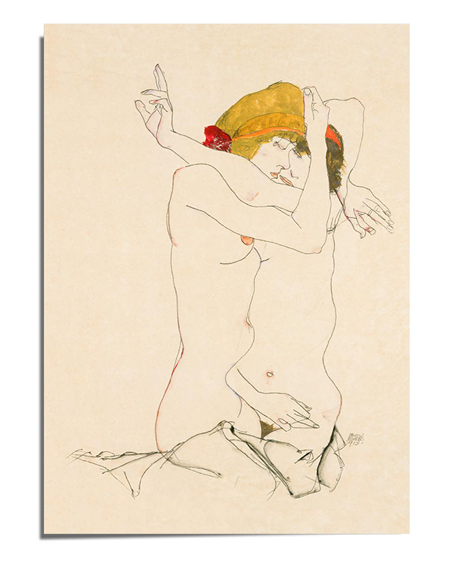 A minimalist yet expressive drawing of two nude lovers embracing, with one wearing a yellow headscarf adorned with red floral details. Their bodies are intertwined, and their arms are wrapped around each other, conveying deep emotion and passion. The artwork is defined by delicate contour lines with subtle color highlights, set against a warm, vintage-toned background.