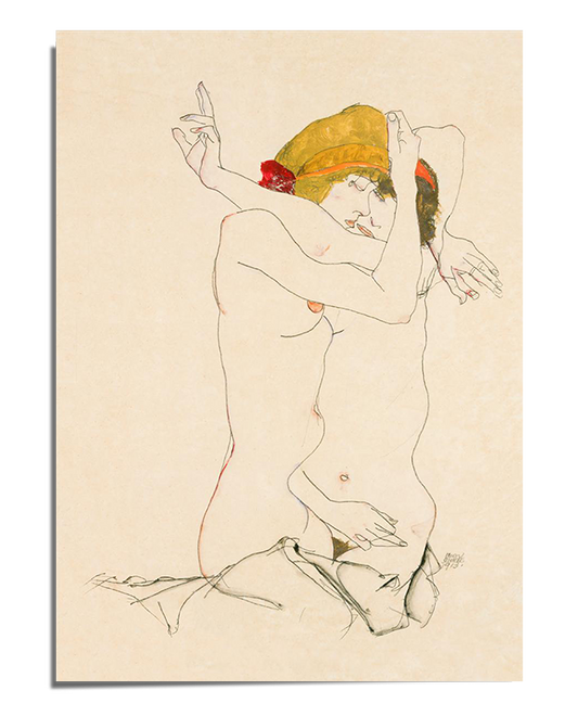 A minimalist yet expressive drawing of two nude lovers embracing, with one wearing a yellow headscarf adorned with red floral details. Their bodies are intertwined, and their arms are wrapped around each other, conveying deep emotion and passion. The artwork is defined by delicate contour lines with subtle color highlights, set against a warm, vintage-toned background.