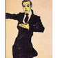 An expressionist portrait of a man in a dark suit and tie, with a pale greenish face and intense gaze. His pose is dynamic, with one hand placed on his chest and the other arm extended outward. The background is a warm beige, contrasting with the dark clothing and exaggerated features, giving the artwork a raw and emotional impact.

