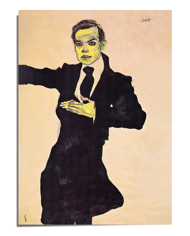 An expressionist portrait of a man in a dark suit and tie, with a pale greenish face and intense gaze. His pose is dynamic, with one hand placed on his chest and the other arm extended outward. The background is a warm beige, contrasting with the dark clothing and exaggerated features, giving the artwork a raw and emotional impact.

