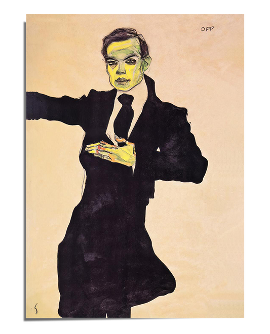 An expressionist portrait of a man in a dark suit and tie, with a pale greenish face and intense gaze. His pose is dynamic, with one hand placed on his chest and the other arm extended outward. The background is a warm beige, contrasting with the dark clothing and exaggerated features, giving the artwork a raw and emotional impact.

