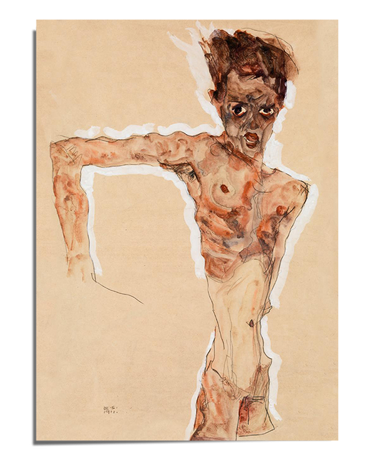 A haunting self-portrait of Egon Schiele, featuring a gaunt, angular male figure with exaggerated bone structure and hollow, piercing eyes. His upper body is partially contorted, one arm bent at an unnatural angle, while his thin, sinewy torso reveals sharp lines and expressive brushstrokes. His expression is intense, with an open mouth and furrowed brow, conveying a sense of distress or urgency. The background is sparse, with white cutout-like shapes framing his body, emphasizing the stark, unfinished qual