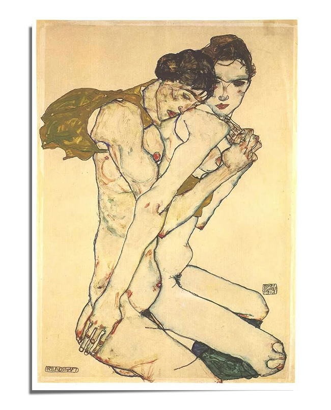 A striking expressionist artwork by Egon Schiele depicting two nude figures kneeling in an intimate embrace. The front figure, with dark, intense eyes, clasps their own hands as their partner leans in, resting their head against their shoulder. The figures have elongated and angular forms, highlighted by bold contouring and expressive linework. A draped olive-green fabric partially covers the back figure, adding a touch of color contrast. The raw, sketch-like style and exposed background emphasize the vulne