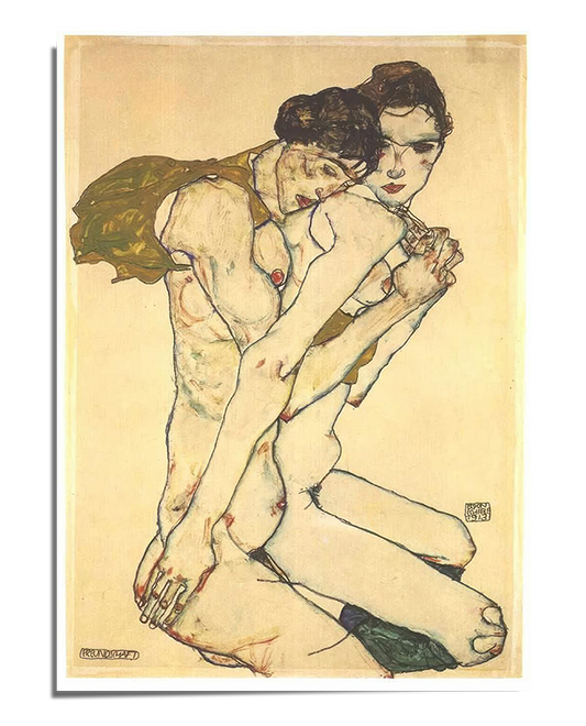 A striking expressionist artwork by Egon Schiele depicting two nude figures kneeling in an intimate embrace. The front figure, with dark, intense eyes, clasps their own hands as their partner leans in, resting their head against their shoulder. The figures have elongated and angular forms, highlighted by bold contouring and expressive linework. A draped olive-green fabric partially covers the back figure, adding a touch of color contrast. The raw, sketch-like style and exposed background emphasize the vulne