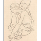 A minimalist line drawing of two lovers embracing, with one figure sitting and the other leaning in tenderly. The sketch consists of expressive and fluid black lines on a beige-toned background, capturing the intimacy and raw emotion of the moment in a delicate yet bold composition.