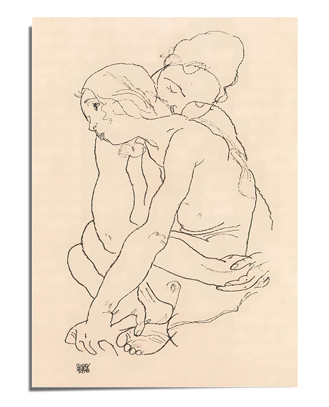 A minimalist line drawing of two lovers embracing, with one figure sitting and the other leaning in tenderly. The sketch consists of expressive and fluid black lines on a beige-toned background, capturing the intimacy and raw emotion of the moment in a delicate yet bold composition.