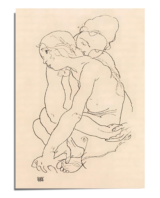 A minimalist line drawing of two lovers embracing, with one figure sitting and the other leaning in tenderly. The sketch consists of expressive and fluid black lines on a beige-toned background, capturing the intimacy and raw emotion of the moment in a delicate yet bold composition.