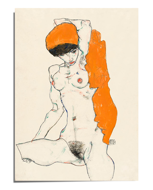 A bold expressionist portrait of a seated woman with an intense gaze, drawn in loose, expressive lines. She is partially draped in a striking orange fabric, which contrasts with the simplicity of the off-white background. The unfinished quality of the composition enhances its raw and emotive presence.