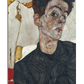 A haunting self-portrait of Egon Schiele featuring an elongated face with exaggerated, angular features. His pale skin contrasts sharply against his dark clothing, and his deep-set eyes give an intense, almost skeletal expression. The background consists of abstract and fragmented textures with earthy hues, reinforcing the dramatic and introspective atmosphere of the piece. His posture is slightly twisted, with his head tilted, adding to the raw, expressive nature of the portrait.