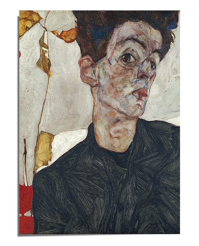 A haunting self-portrait of Egon Schiele featuring an elongated face with exaggerated, angular features. His pale skin contrasts sharply against his dark clothing, and his deep-set eyes give an intense, almost skeletal expression. The background consists of abstract and fragmented textures with earthy hues, reinforcing the dramatic and introspective atmosphere of the piece. His posture is slightly twisted, with his head tilted, adding to the raw, expressive nature of the portrait.