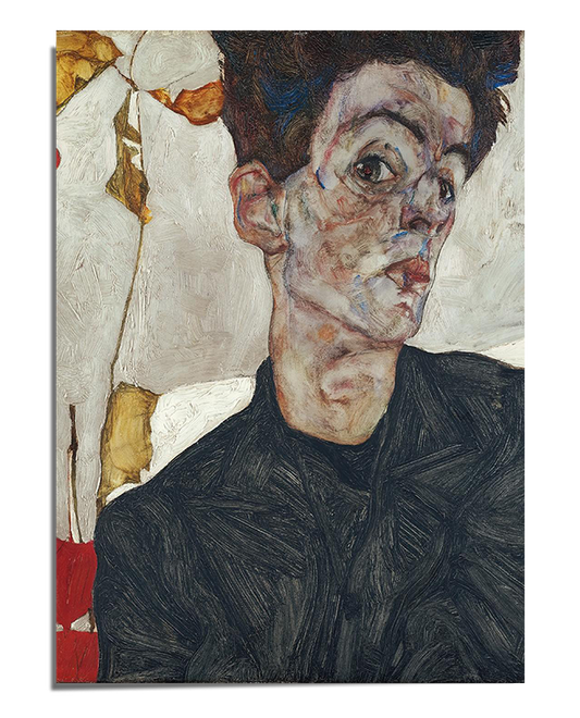 A haunting self-portrait of Egon Schiele featuring an elongated face with exaggerated, angular features. His pale skin contrasts sharply against his dark clothing, and his deep-set eyes give an intense, almost skeletal expression. The background consists of abstract and fragmented textures with earthy hues, reinforcing the dramatic and introspective atmosphere of the piece. His posture is slightly twisted, with his head tilted, adding to the raw, expressive nature of the portrait.