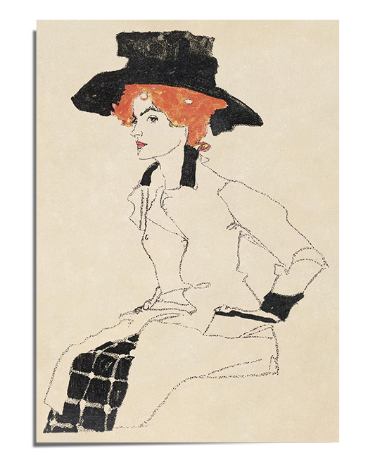 A stylized portrait of a woman wearing a large black hat, with her red hair flowing beneath it. The figure is drawn with bold, loose lines, and the clothing features subtle black and white details. The light, unfinished background emphasizes the subject’s expressive posture and striking fashion elements.