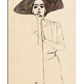 A minimalist line drawing of a woman wearing a wide-brimmed dark hat, her gaze intense and lips painted red. The artwork is partially sketched, with expressive contour lines defining her face and upper body, while the lower half fades into abstraction. The background is a warm beige, enhancing the vintage and timeless quality of the piece.