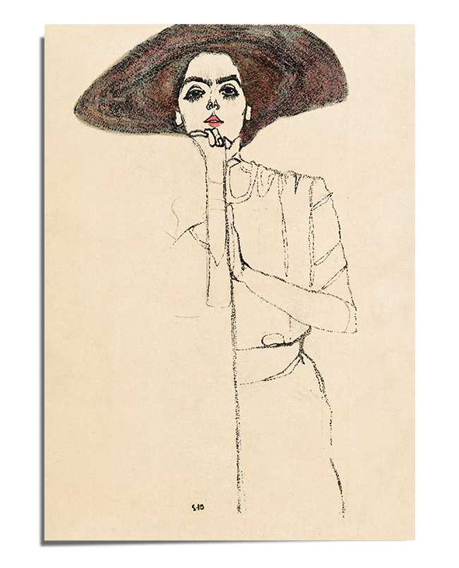 A minimalist line drawing of a woman wearing a wide-brimmed dark hat, her gaze intense and lips painted red. The artwork is partially sketched, with expressive contour lines defining her face and upper body, while the lower half fades into abstraction. The background is a warm beige, enhancing the vintage and timeless quality of the piece.