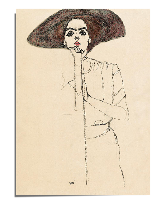 A minimalist line drawing of a woman wearing a wide-brimmed dark hat, her gaze intense and lips painted red. The artwork is partially sketched, with expressive contour lines defining her face and upper body, while the lower half fades into abstraction. The background is a warm beige, enhancing the vintage and timeless quality of the piece.