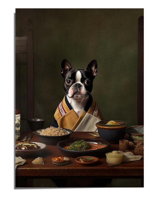 A digital painting of a Boston Terrier wearing an elegant yellow and white robe, seated at a table filled with gourmet dishes. The scene is softly lit, with an old-world style background featuring large windows casting warm light. The composition has a refined and aristocratic feel, blending humor with classic portrait aesthetics.